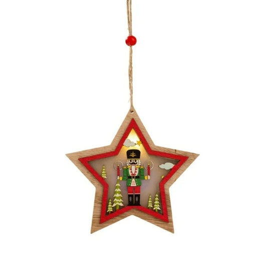Ornament de Brad, Klevo, cu Lumini LED, din Lemn, Figurina Spargatorul de Nuci, Model Stea, Multicolor