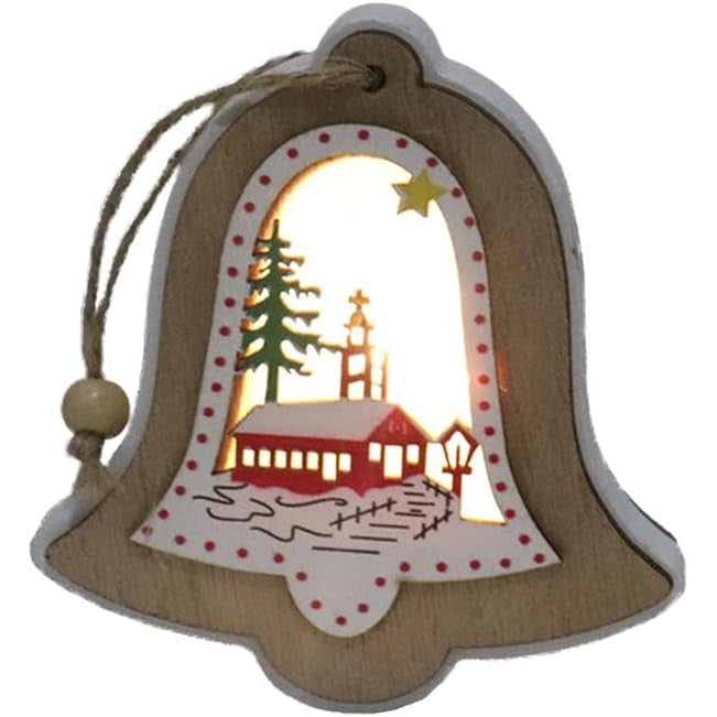 Ornament de Brad, Klevo, cu Lumini LED, din Lemn, Model Clopot, Multicolor