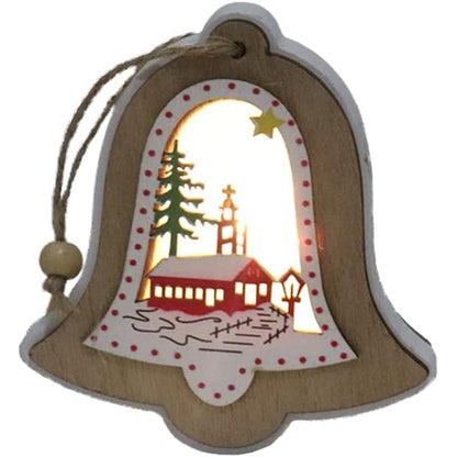 Ornament de Brad, Klevo, cu Lumini LED, din Lemn, Model Clopot, Multicolor