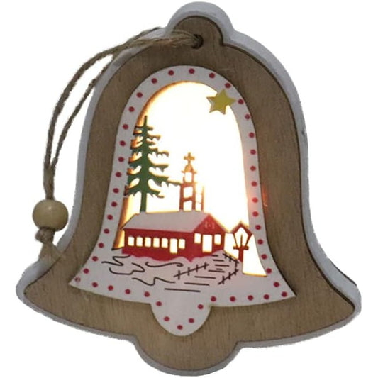 Ornament de Brad, Klevo, cu Lumini LED, din Lemn, Model Clopot, Multicolor