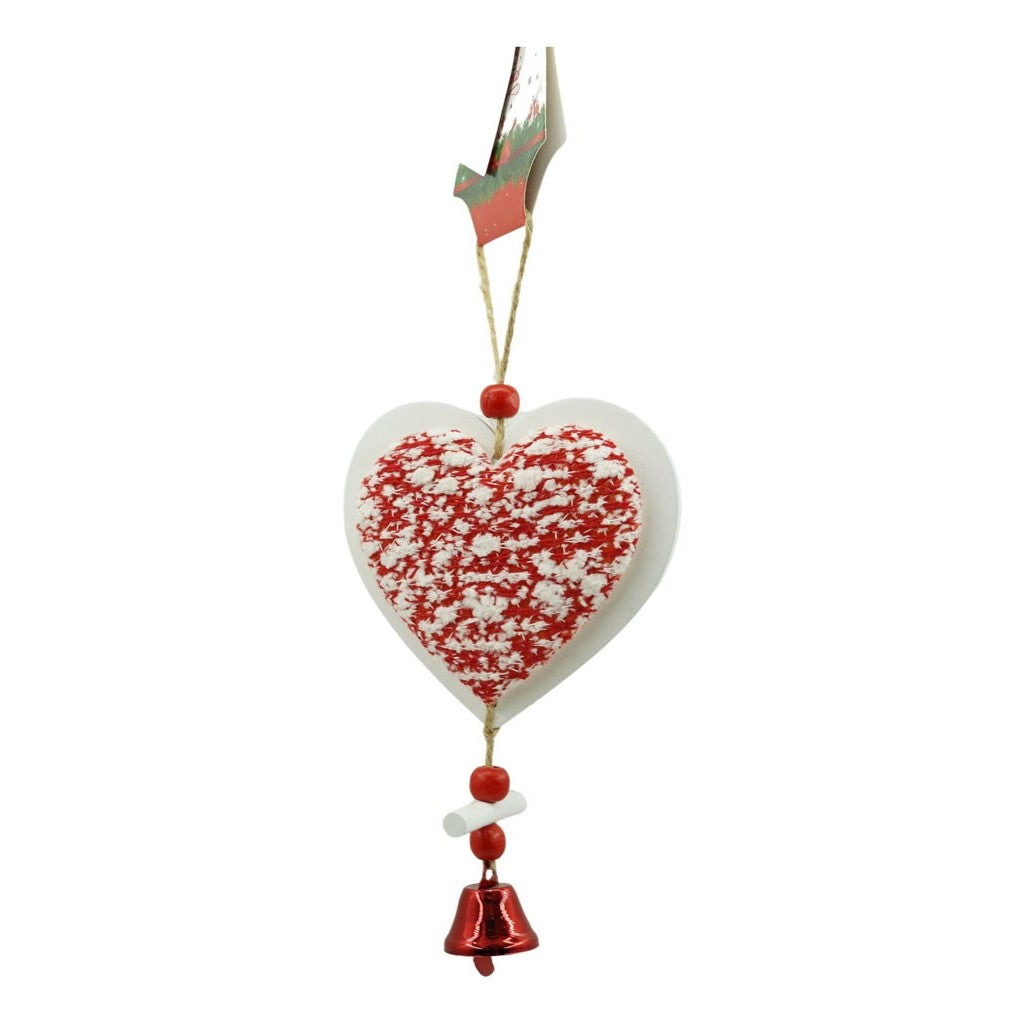 Ornament de brad inima din tweed, Klevo, alb/rosu, lemn, 18 cm