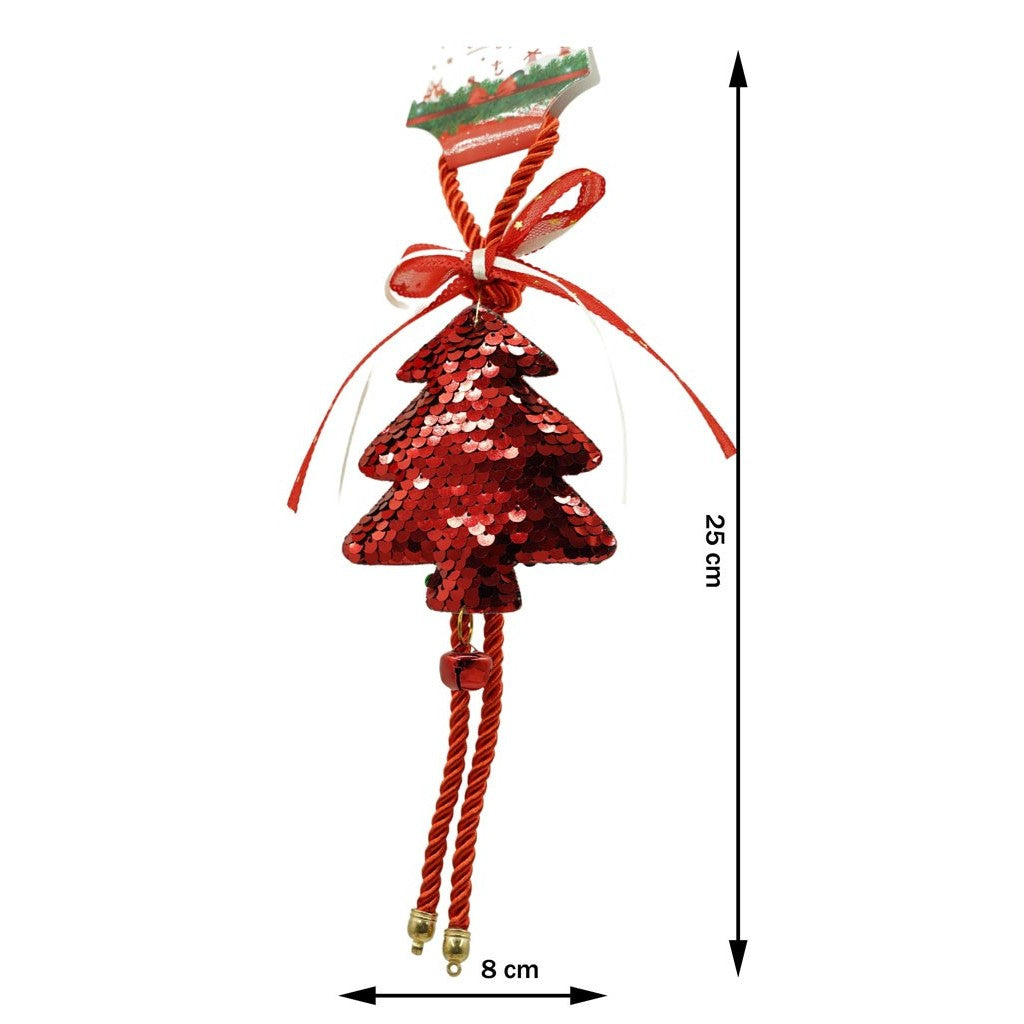 Ornament de brad pom de craciun cu paiete, Klevo, rosu, lemn, 25 cm