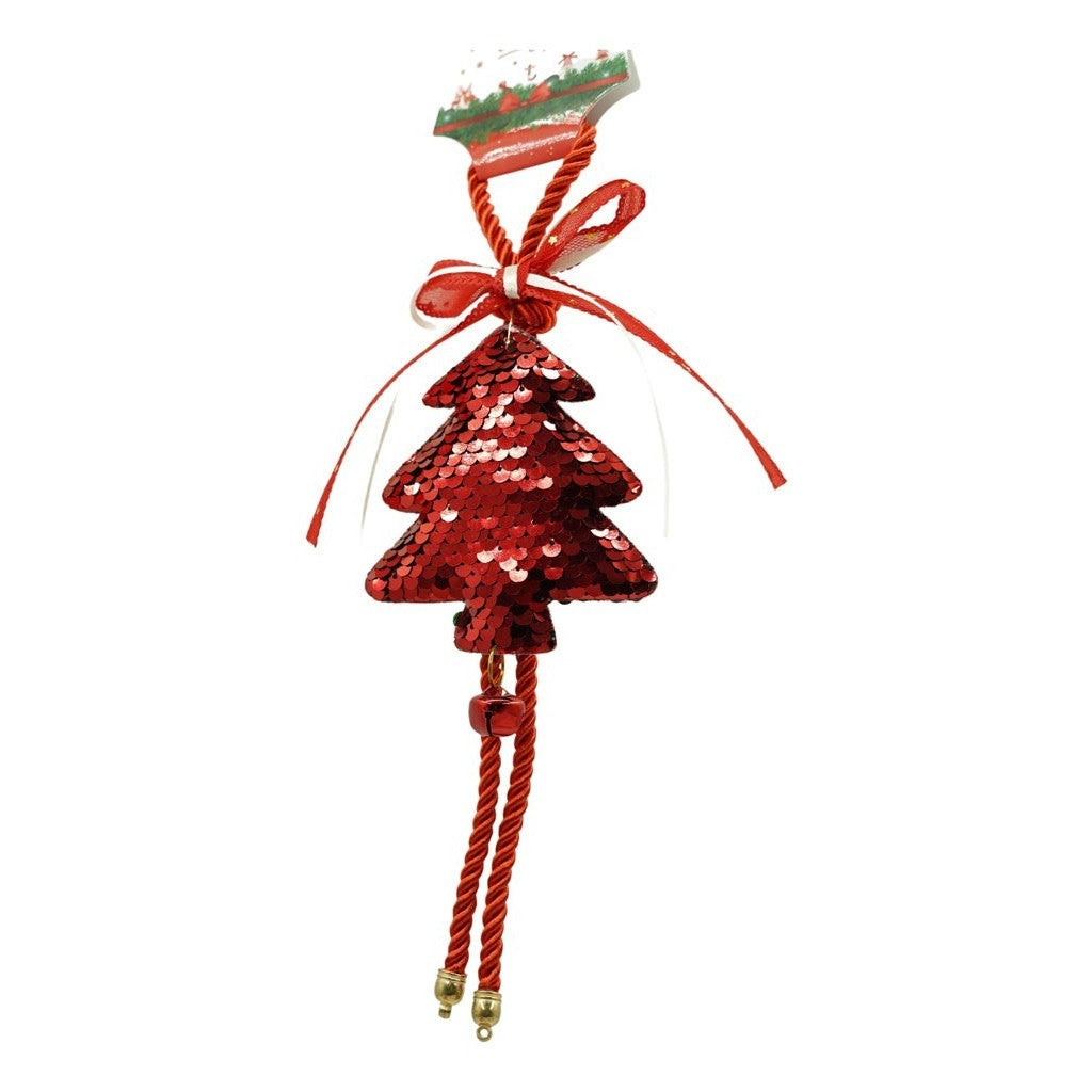 Ornament de brad pom de craciun cu paiete, Klevo, rosu, lemn, 25 cm