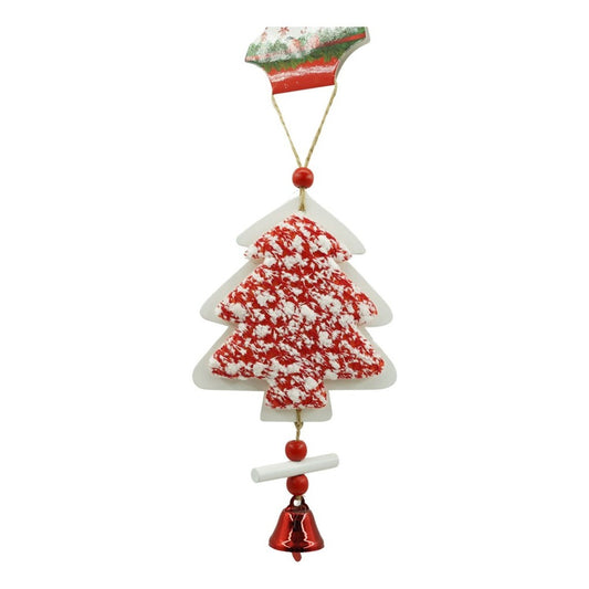 Ornament de brad pom de craciun din tweed, Klevo, alb/rosu, lemn, 18 cm