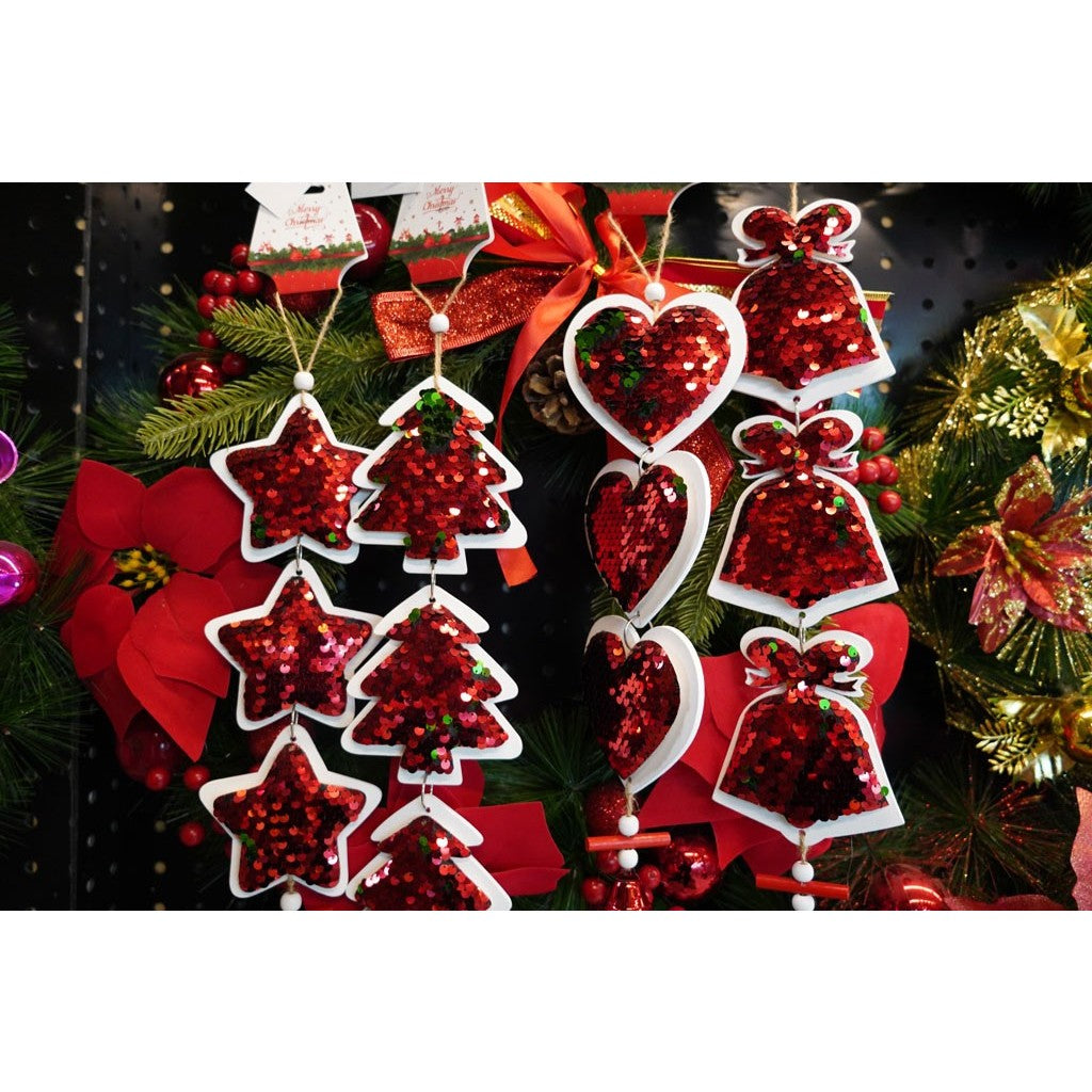Ornament de brad trei brazi cu paiete, Klevo, rosu, lemn, 36 cm