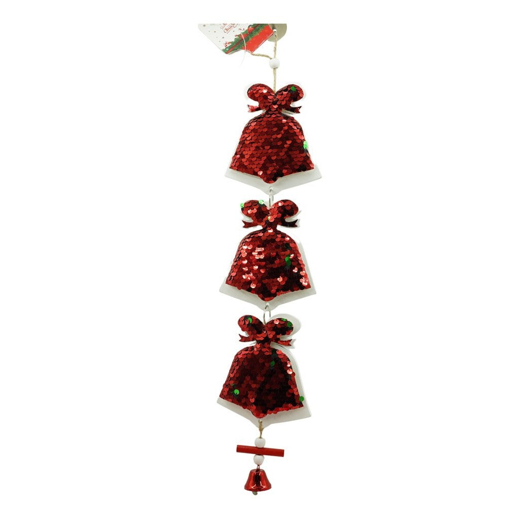 Ornament de brad trei clopotei cu paiete, Klevo, rosu, lemn, 36 cm