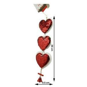 Ornament de brad trei inimi cu paiete, Klevo, rosu, lemn, 36 cm
