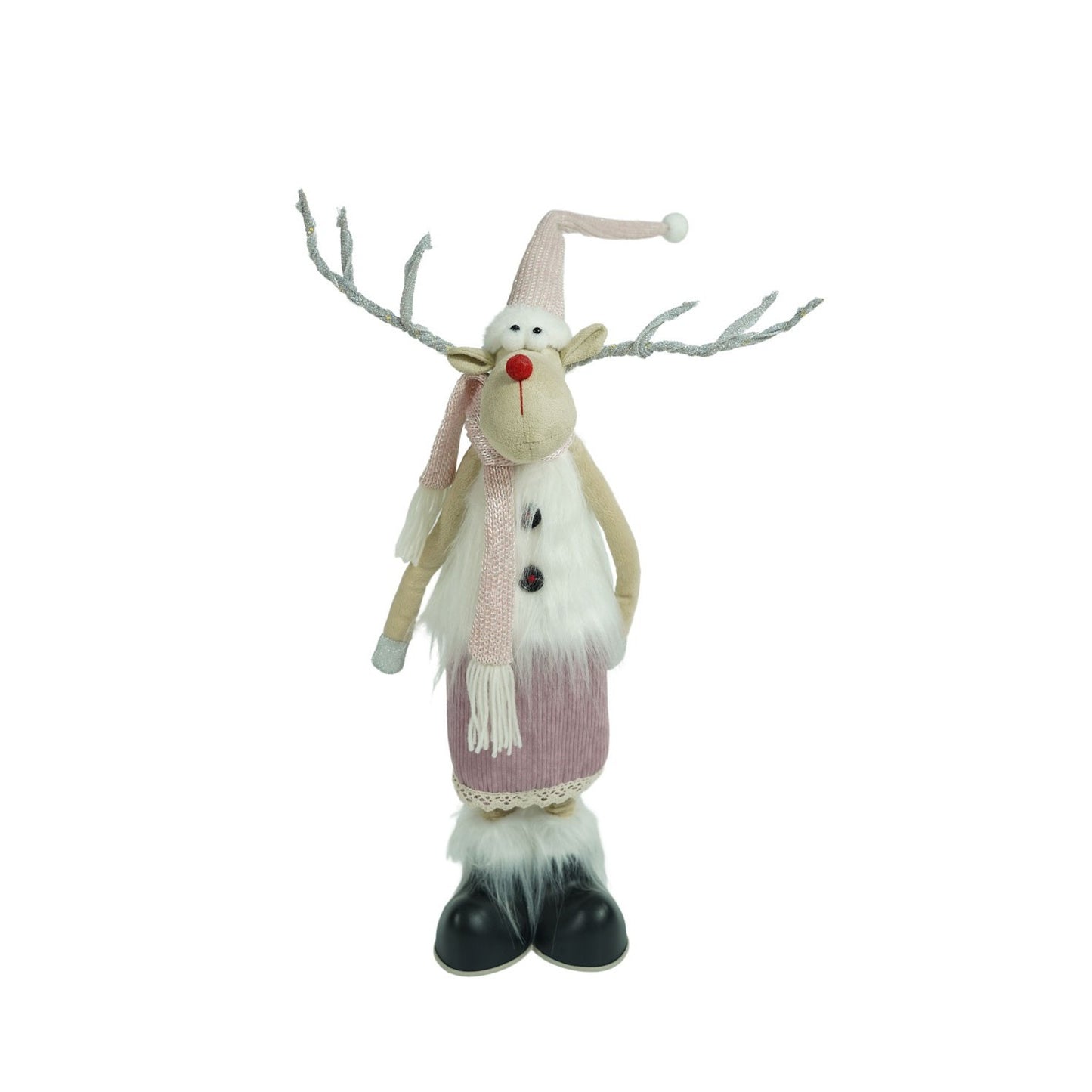 Ornament de Craciun ren cu picioare telescopice, Klevo, roz/alb, textil, 72 cm