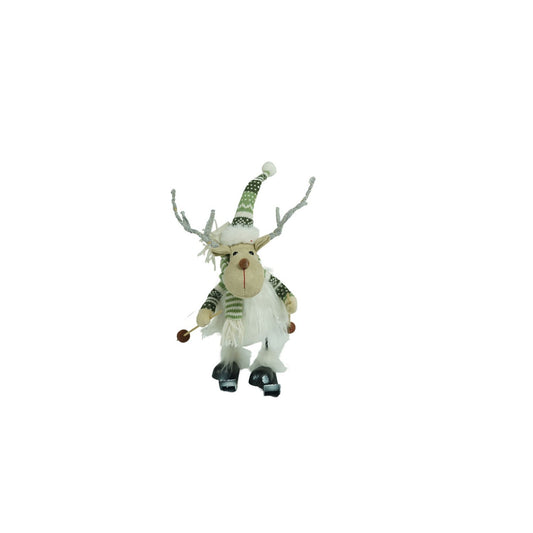 Ornament de Craciun ren pe schiuri, Klevo, alb/verde, textil, 33 cm