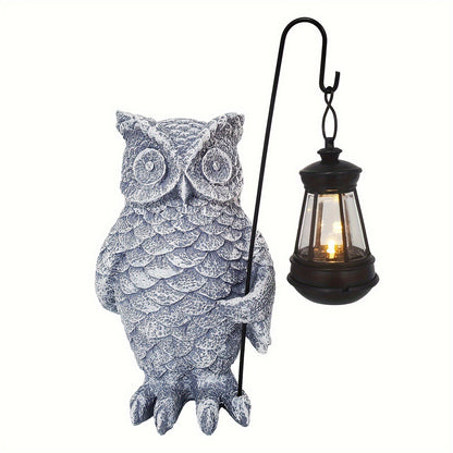 Ornament de Decor pentru Gradina cu LED, Klevo, Model Bufnita cu Felinar, Decoratiune Exterioara pentru Casa si Gradina, din Rasina, 21.5x15 cm, Gri