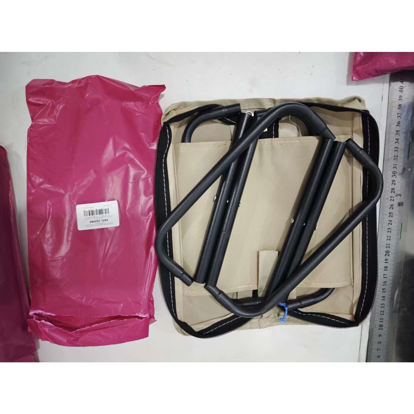 Scaun Pliabil, Klevo, pentru Adulti, Portabil, pentru Camping, Pescuit, din Panza Oxford si Cadru Metalic, 24 x 24 x 28 cm, Negru/Bej