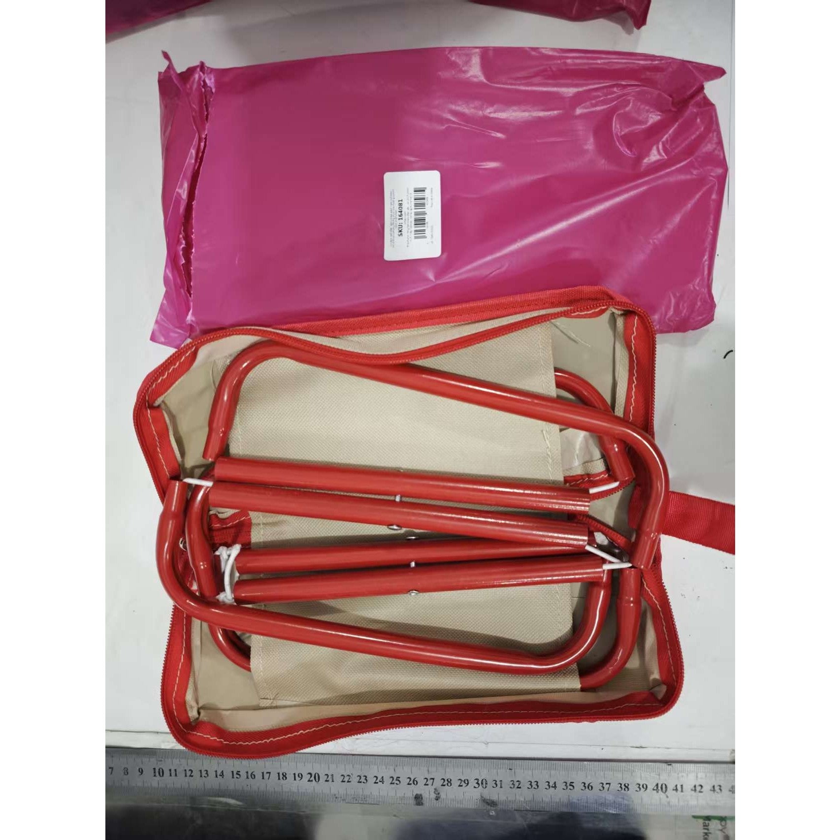 Scaun Pliabil, Klevo, pentru Adulti, Portabil, pentru Camping, Pescuit, din Panza Oxford si Cadru Metalic, 24 x 24 x 28 cm, Rosu/Bej