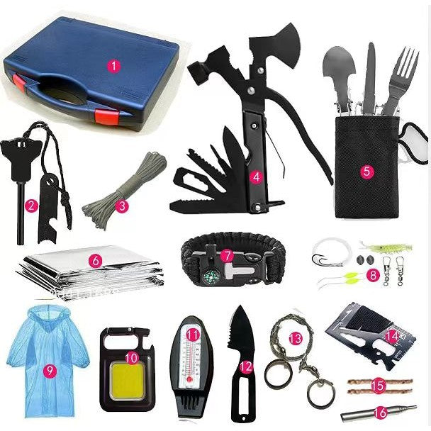Kit Supravietuire Multifunctional Klevo, Instrumente Profesionale, Sub Forma de Trusa, pentru Camping, Drumetii si Aventuri in Aer Liber, Albastru