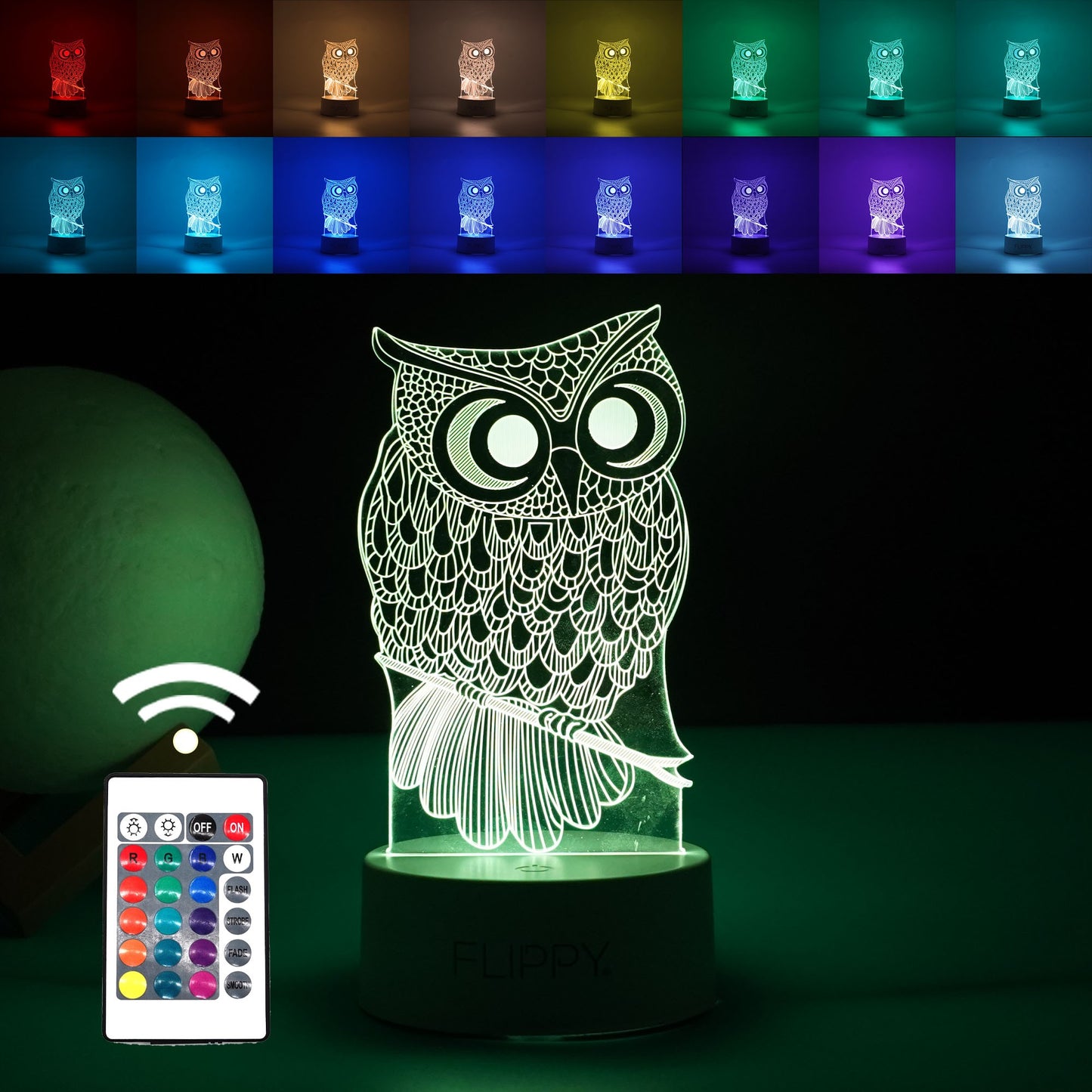 Lampa LED decorativa, Klevo, 3D, Bufnita, cu USB si baterii, 20 cm inaltime, din material acril, lumina multicolora si telecomanda inclusa, alb
