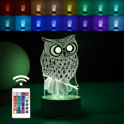 Lampa LED decorativa, Klevo, 3D, Bufnita, cu USB si baterii, 20 cm inaltime, din material acril, lumina multicolora si telecomanda inclusa, alb