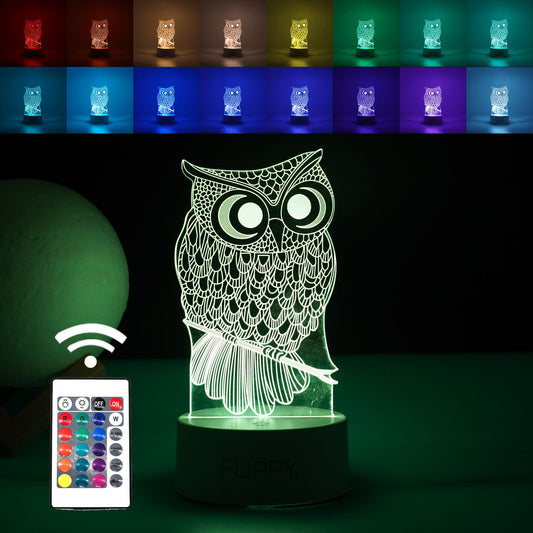 Lampa LED decorativa, Klevo, 3D, Bufnita, cu USB si baterii, 20 cm inaltime, din material acril, lumina multicolora si telecomanda inclusa, alb
