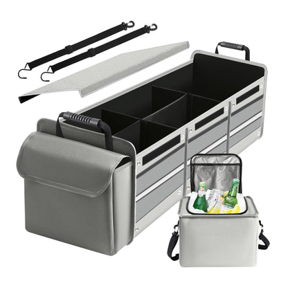 Organizator Auto pentru Portbagaj, Klevo, Model Pliabil, din Panza, cu Geanta Termoizolanta Detasabila, 3 Compartimente, Curele Ajustabile, 90 x 35 x 30 cm, Gri