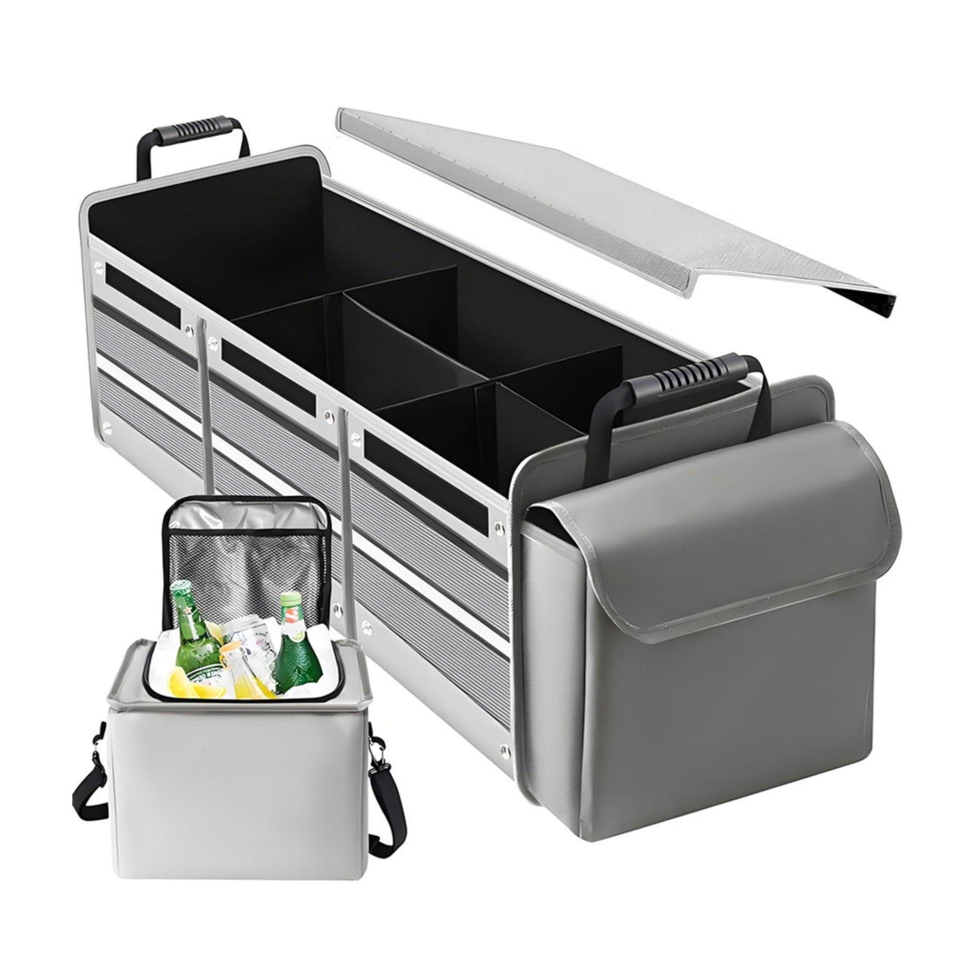 Organizator Auto pentru Portbagaj, Klevo, Model Pliabil, din Panza, cu Geanta Termoizolanta Detasabila, 3 Compartimente, Curele Ajustabile, 90 x 35 x 30 cm, Gri