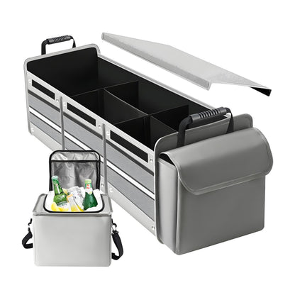 Organizator Auto pentru Portbagaj, Klevo, Model Pliabil, din Panza, cu Geanta Termoizolanta Detasabila, 3 Compartimente, Curele Ajustabile, 90 x 35 x 30 cm, Gri
