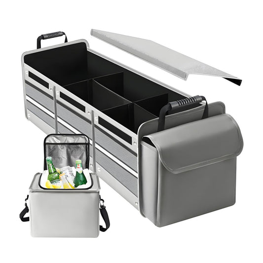 Organizator Auto pentru Portbagaj, Klevo, Model Pliabil, din Panza, cu Geanta Termoizolanta Detasabila, 3 Compartimente, Curele Ajustabile, 90 x 35 x 30 cm, Gri
