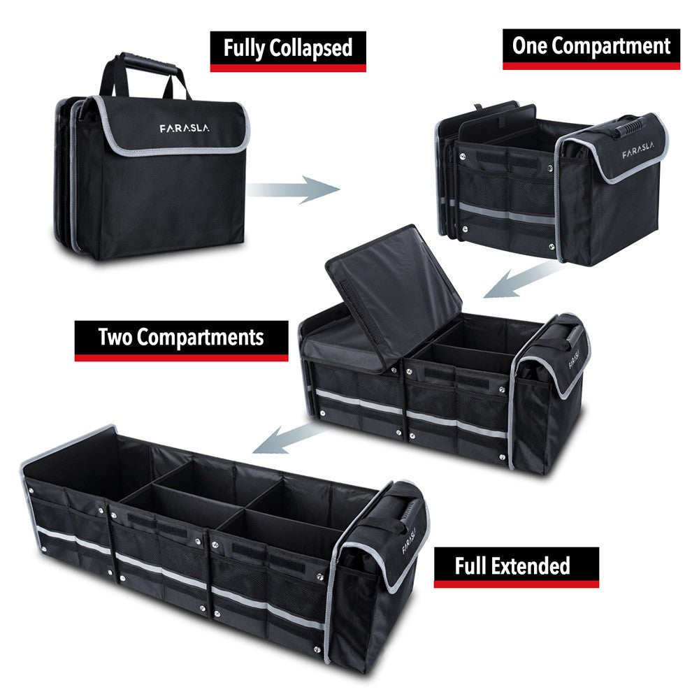 Organizator Auto pentru Portbagaj, Klevo, Model Pliabil, din Panza, cu Geanta Termoizolanta Detasabila, 3 Compartimente, Curele Ajustabile, 90 x 35 x 30 cm, Negru