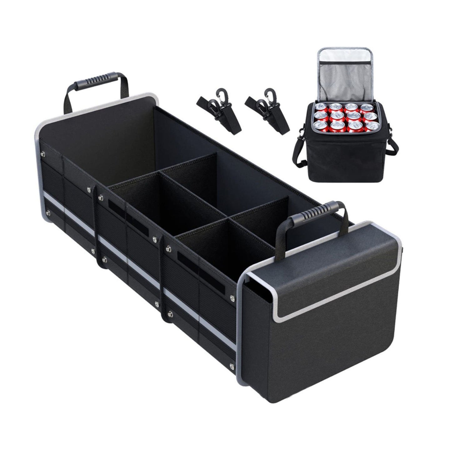 Organizator Auto pentru Portbagaj, Klevo, Model Pliabil, din Panza, cu Geanta Termoizolanta Detasabila, 3 Compartimente, Curele Ajustabile, 90 x 35 x 30 cm, Negru