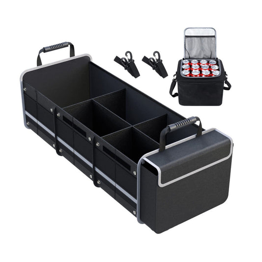 Organizator Auto pentru Portbagaj, Klevo, Model Pliabil, din Panza, cu Geanta Termoizolanta Detasabila, 3 Compartimente, Curele Ajustabile, 90 x 35 x 30 cm, Negru