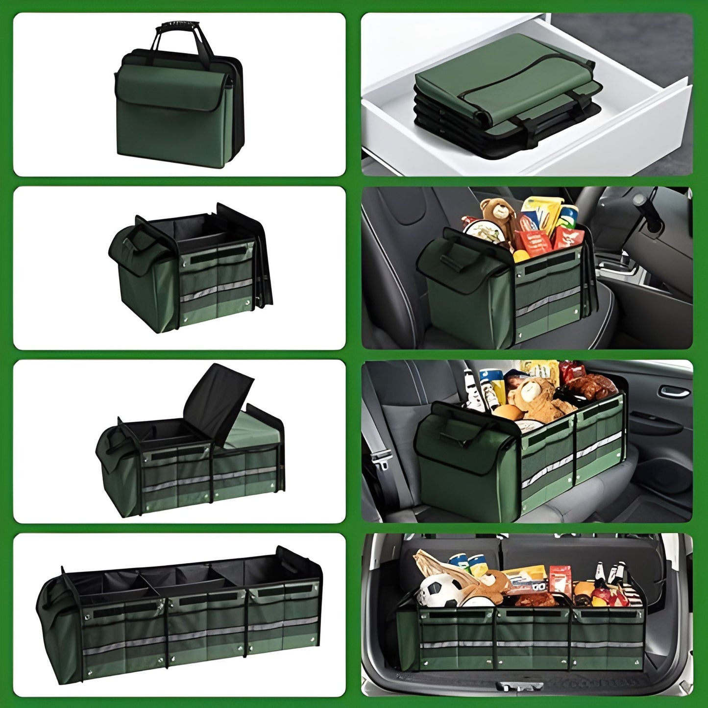 Organizator Auto pentru Portbagaj, Klevo, Model Pliabil, din Panza, cu Geanta Termoizolanta Detasabila, 3 Compartimente, Curele Ajustabile, 90 x 35 x 30 cm, Verde