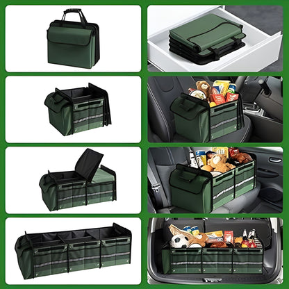 Organizator Auto pentru Portbagaj, Klevo, Model Pliabil, din Panza, cu Geanta Termoizolanta Detasabila, 3 Compartimente, Curele Ajustabile, 90 x 35 x 30 cm, Verde