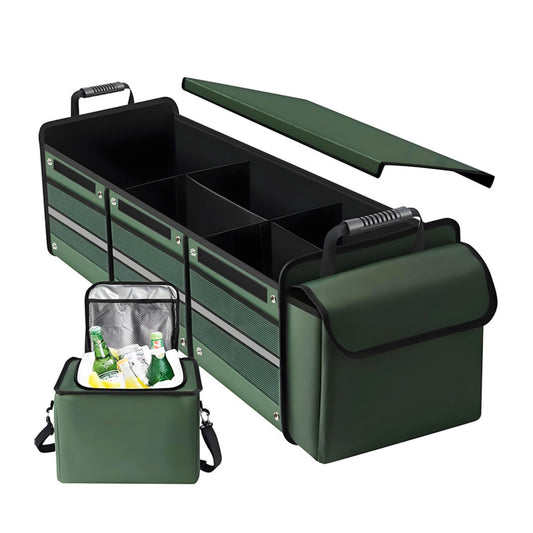 Organizator Auto pentru Portbagaj, Klevo, Model Pliabil, din Panza, cu Geanta Termoizolanta Detasabila, 3 Compartimente, Curele Ajustabile, 90 x 35 x 30 cm, Verde