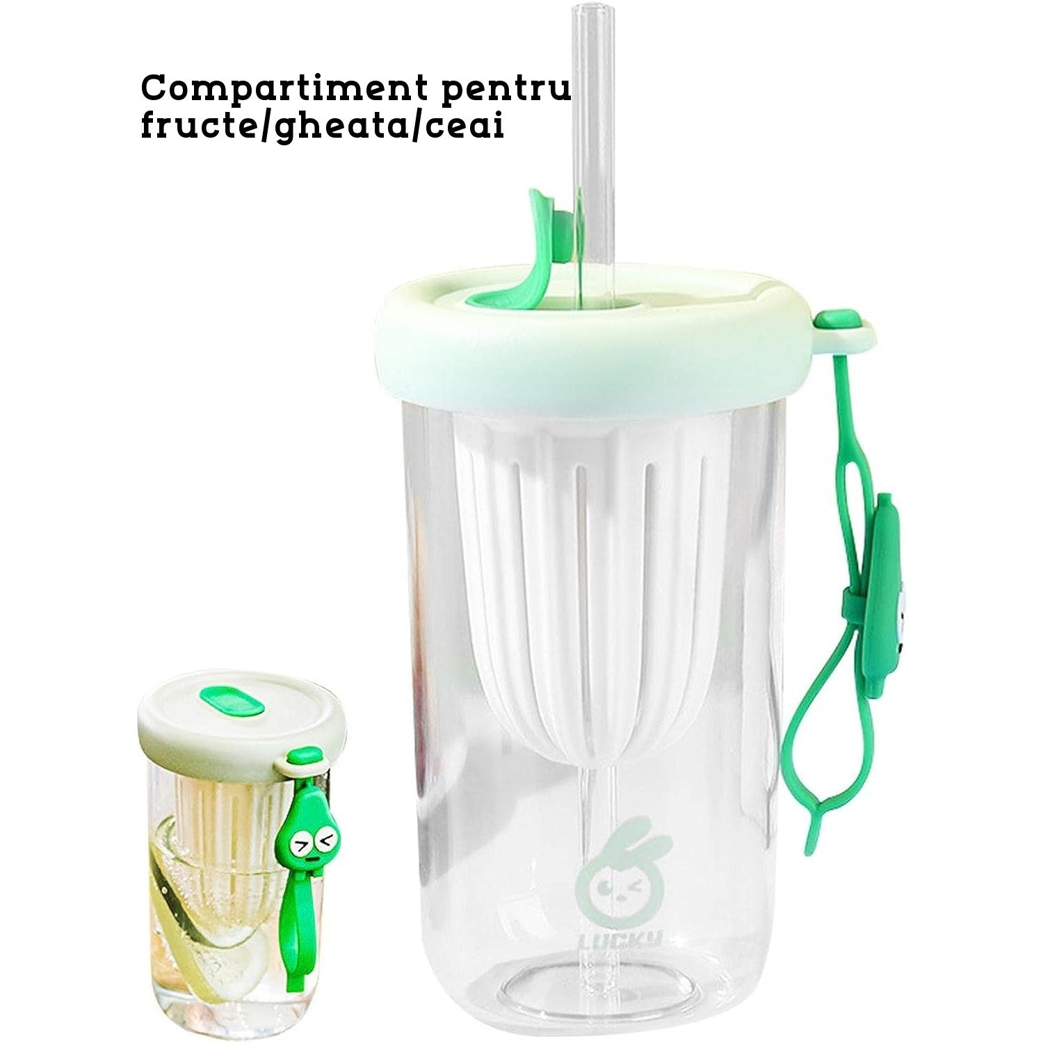 Pahar din silicon, cu capac si pai, pentru copii, Klevo, anti-cadere, compartiment pentru fructe/ceai/gheata, rezistent la temperaturi inalte, 500ml, Verde, 14.5x8.8x20 cm
