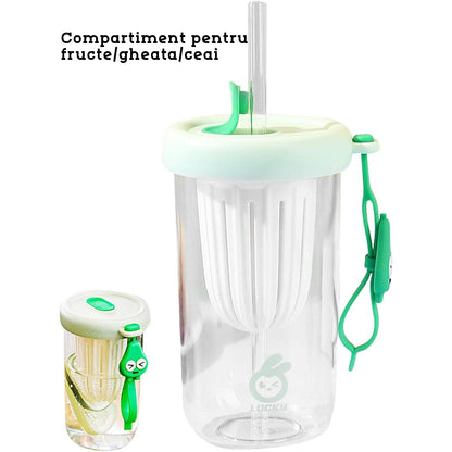 Pahar din silicon, cu capac si pai, pentru copii, Klevo, anti-cadere, compartiment pentru fructe/ceai/gheata, rezistent la temperaturi inalte, 500ml, Verde, 14.5x8.8x20 cm