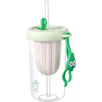 Pahar din silicon, cu capac si pai, pentru copii, Klevo, anti-cadere, compartiment pentru fructe/ceai/gheata, rezistent la temperaturi inalte, 500ml, Verde, 14.5x8.8x20 cm