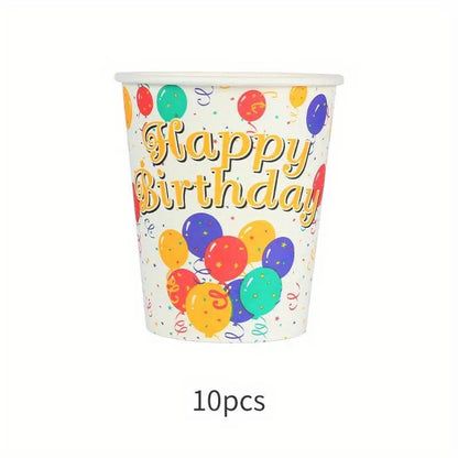 Pahare Cartonate pentru Petreceri, Klevo, Set 10 Pahare Cartonate pentru Zile de Nastere si Aniversari, Model HAPPY BIRTHDAY, 230 ml, 8.6 x 7.5 cm, Multicolor
