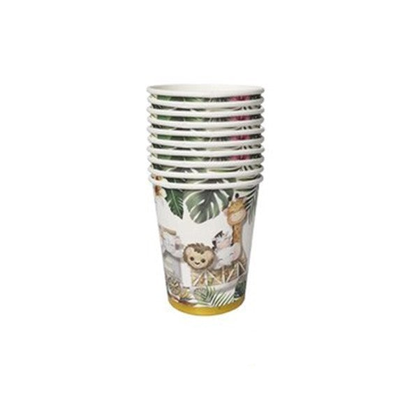 Pahare Cartonate pentru Petreceri, Klevo, Set 10 Pahare Cartonate pentru Zile de Nastere, Model Safari cu animale, 230 ml, 8.6 x 7.5 cm, Multicolor