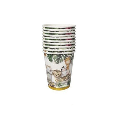Pahare Cartonate pentru Petreceri, Klevo, Set 10 Pahare Cartonate pentru Zile de Nastere, Model Safari cu animale, 230 ml, 8.6 x 7.5 cm, Multicolor