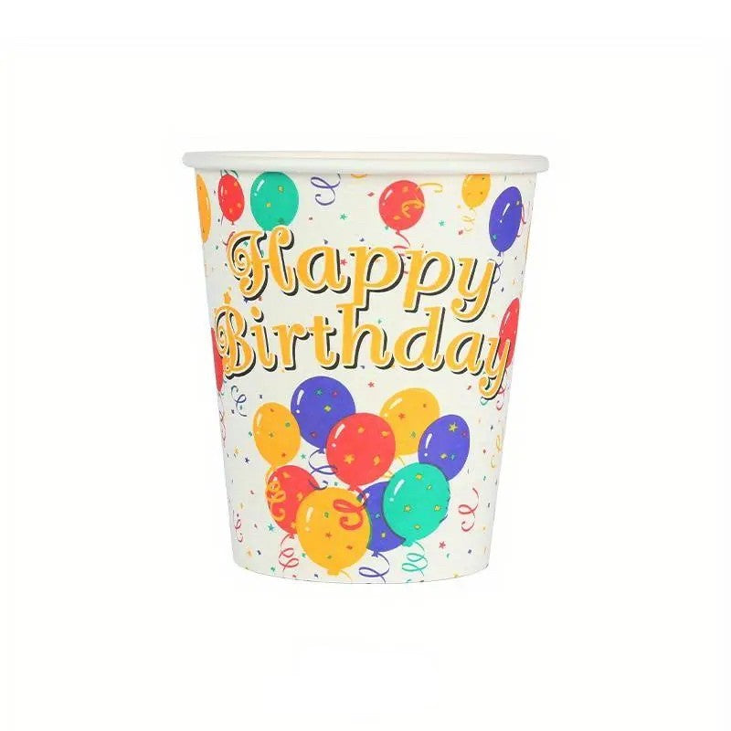 Pahare Cartonate pentru Petreceri, Klevo, Set 10 Pahare Cartonate pentru Zile de Nastere si Aniversari, Model HAPPY BIRTHDAY, 230 ml, 8.6 x 7.5 cm, Multicolor