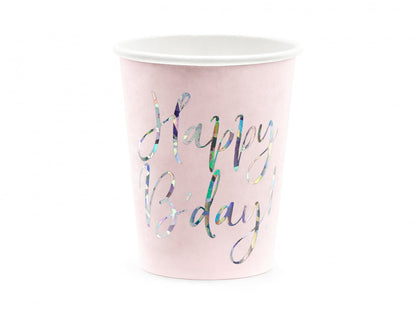 Pahare Happy B'day!, roz pudrat deschis, 220ml (1 set. / 6 buc.)