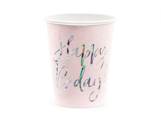 Pahare Happy B'day!, roz pudrat deschis, 220ml (1 set. / 6 buc.)