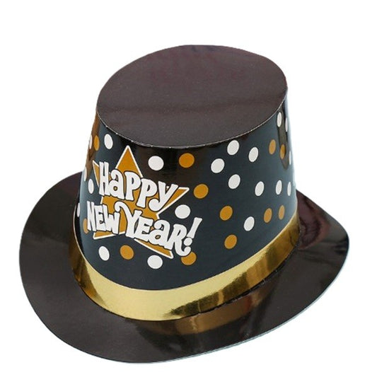 Palarie Tip Lincoln, Klevo, Model Happy New Year cu Buline, Accesoriu Petrecere de Anul Nou, Marime Universala, din Carton, Negru/Auriu
