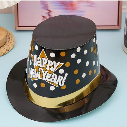 Palarie Tip Lincoln, Klevo, Model Happy New Year cu Buline, Accesoriu Petrecere de Anul Nou, Marime Universala, din Carton, Negru/Auriu