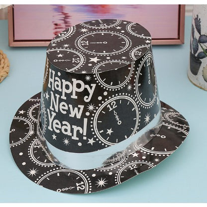 Palarie Tip Lincoln, Klevo, Model Happy New Year cu Ceasuri, Accesoriu Petrecere de Anul Nou, Marime Universala, din Carton, Negru/Argintiu