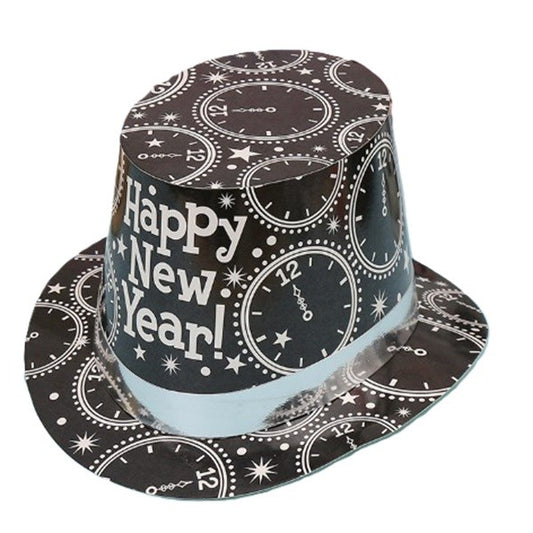 Palarie Tip Lincoln, Klevo, Model Happy New Year cu Ceasuri, Accesoriu Petrecere de Anul Nou, Marime Universala, din Carton, Negru/Argintiu
