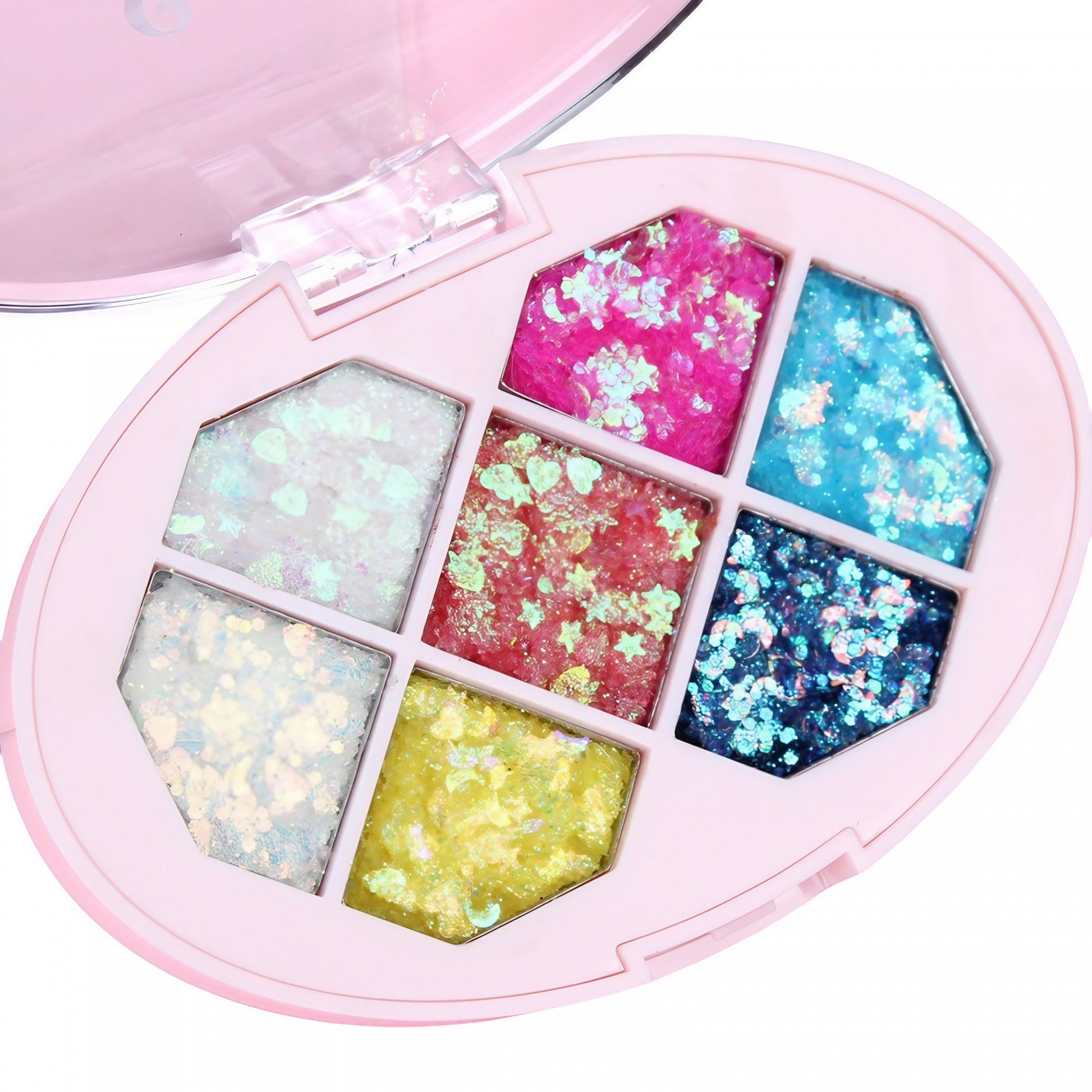 Paleta cu Glitter, Klevo, Varianta 1, 7 Nuante, Pentru Corp si Par, 50 g, Rezistent la Apa, 9.8 x 6.8 cm, Multicolor