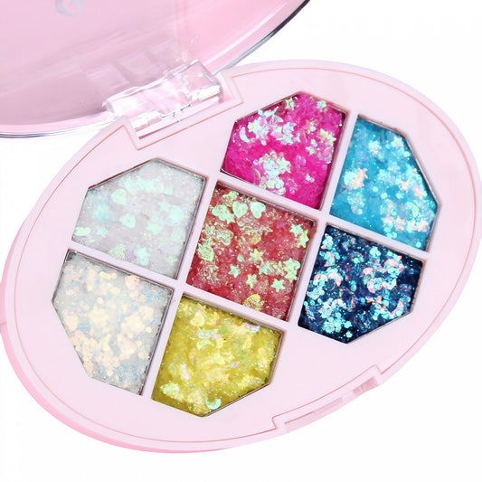 Paleta cu Glitter, Klevo, Varianta 1, 7 Nuante, Pentru Corp si Par, 50 g, Rezistent la Apa, 9.8 x 6.8 cm, Multicolor