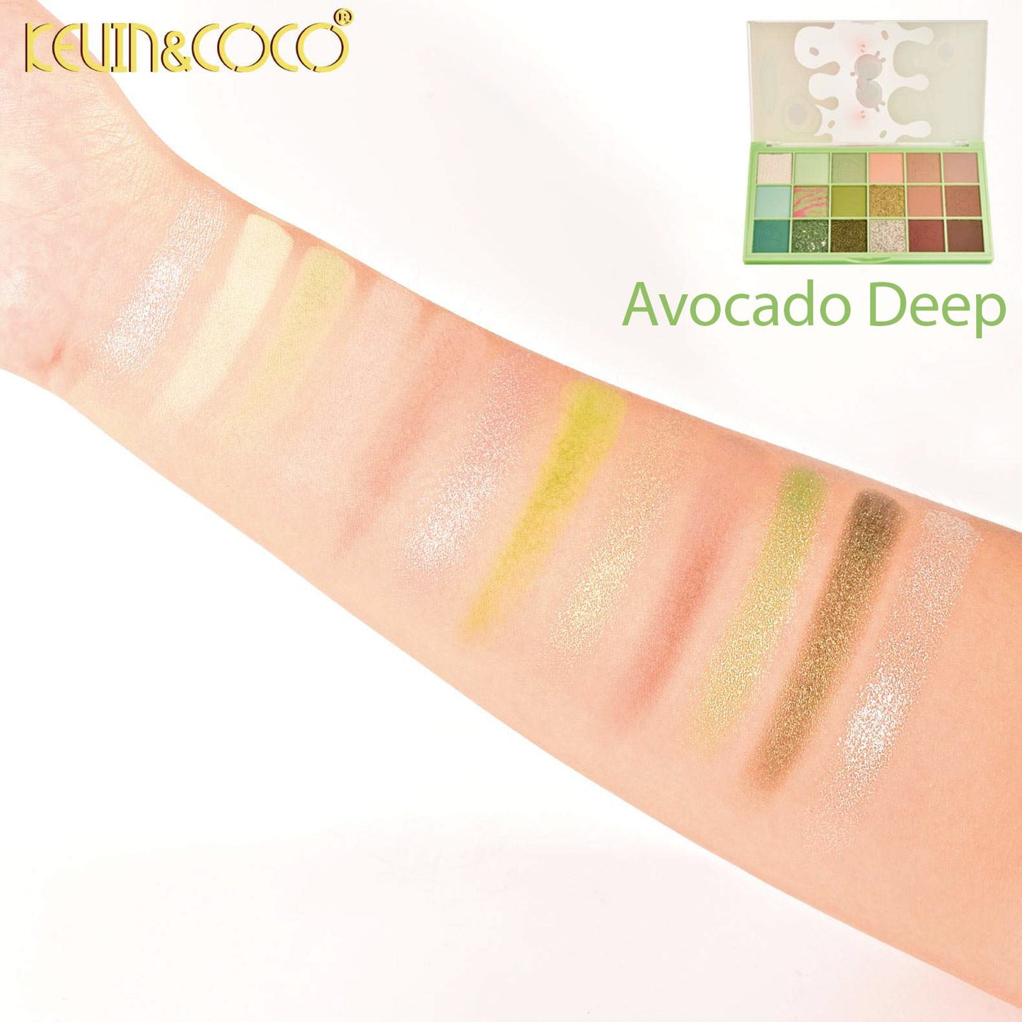 Paleta Farduri de Pleoape, Kevin&Coco, Paleta pentru Machiaj, 18 Nuante, Model Avocado Deep, Mate si Sidefate, 9.9x1.7x17.7 cm, Multicolor