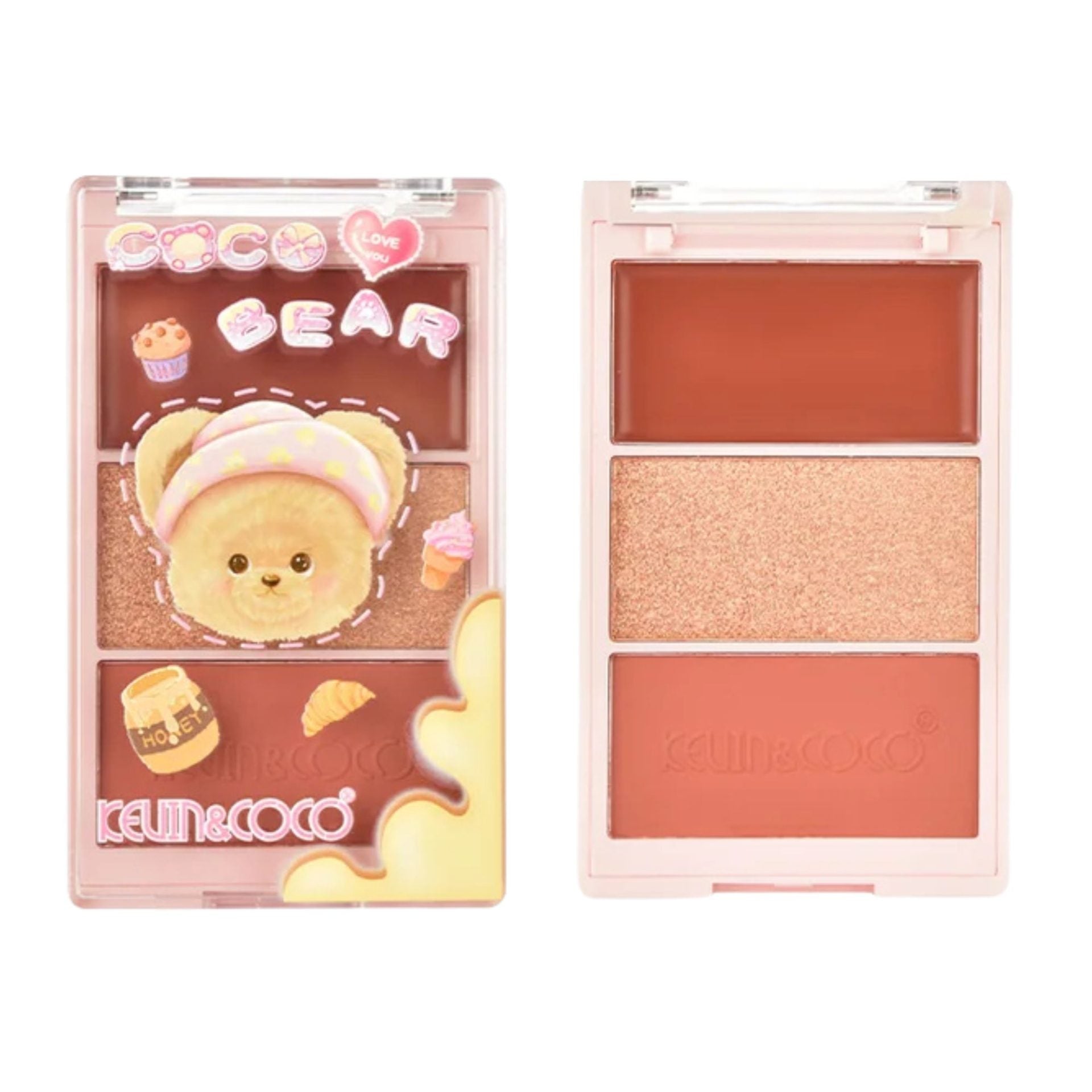 Paleta Fard de Obraz, Kevin&Coco, 3 Culori, Blush, Iluminator, Contur, Textură Fină, Efect Natural, pentru Toate Tipurile de Ten, 71.7 g, 6.7 x 1.5 x 11 cm, Bronz