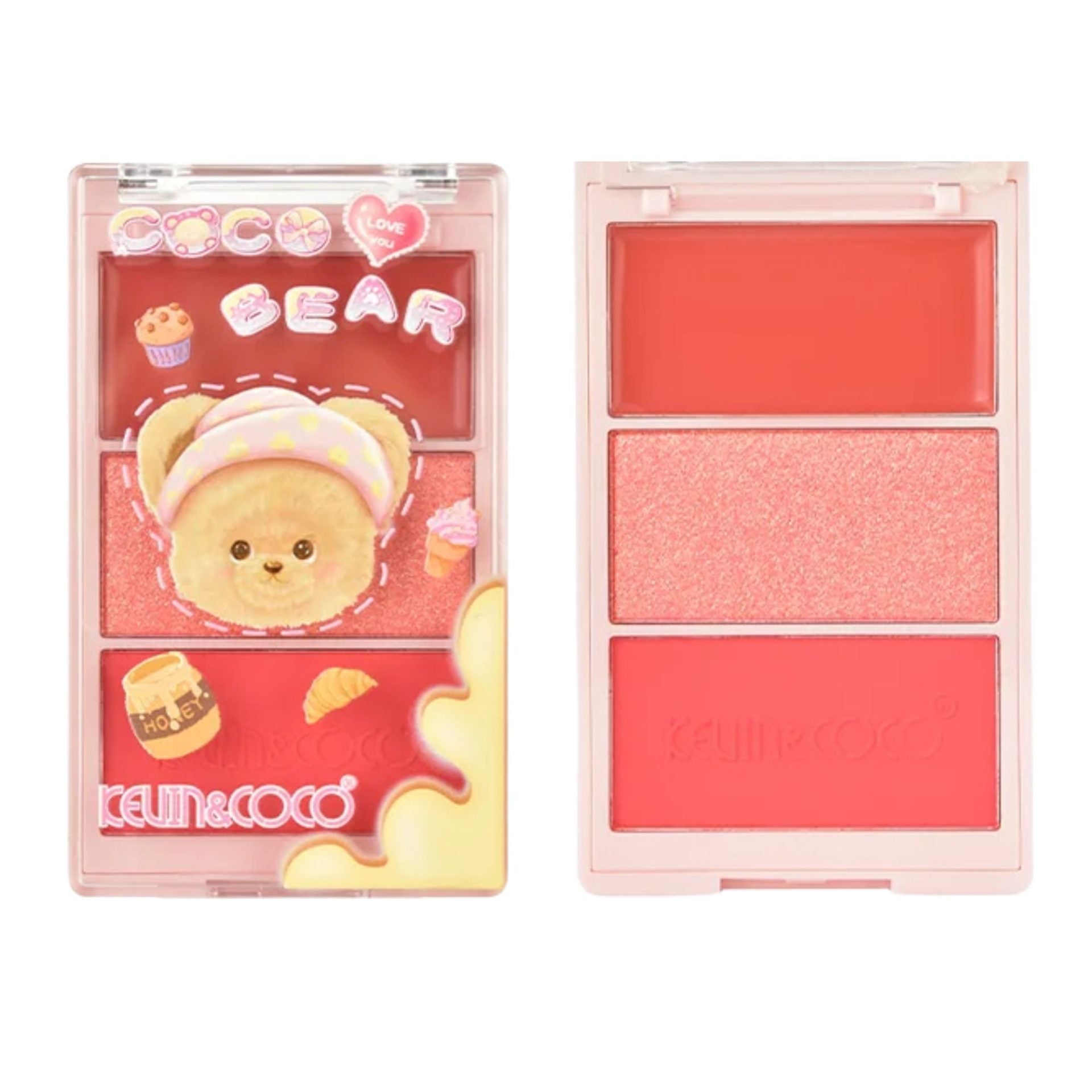 Paleta Fard de Obraz, Kevin&Coco, 3 Culori, Blush, Iluminator, Contur, Textură Fină, Efect Natural, pentru Toate Tipurile de Ten, 71.7 g, 6.7 x 1.5 x 11 cm, Coral