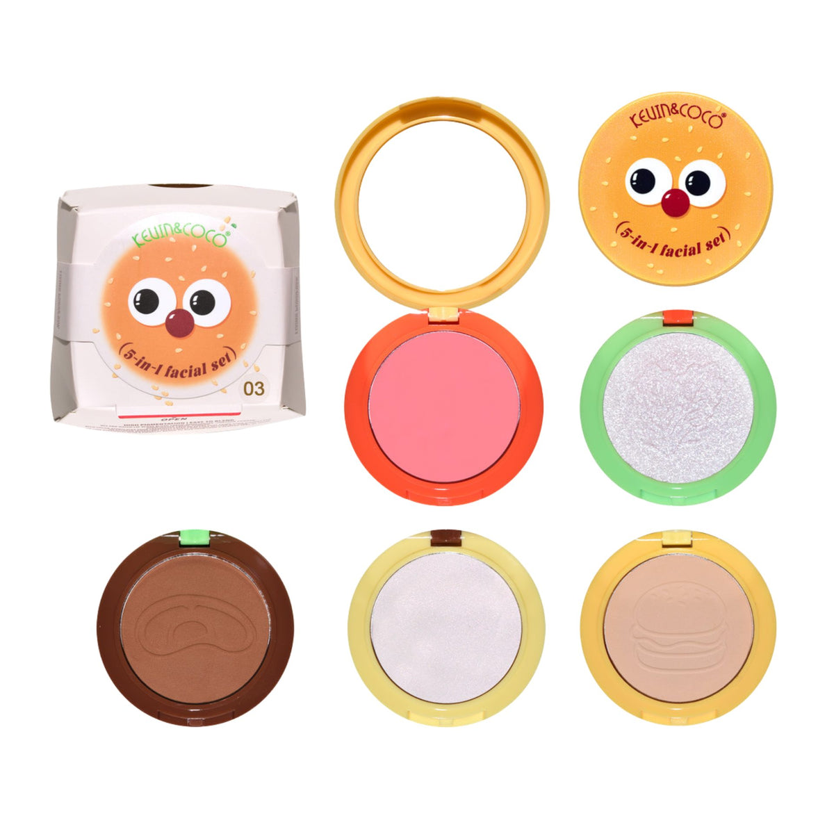 Paleta Multifunctionala, Kevin&Coco, Model Burger, Set Machiaj 5 in 1, Blush, Iluminator, Contur, Pudra, Design Compact, 122 g, 8.7 x 8.7 x 6 cm, Nuanta 03