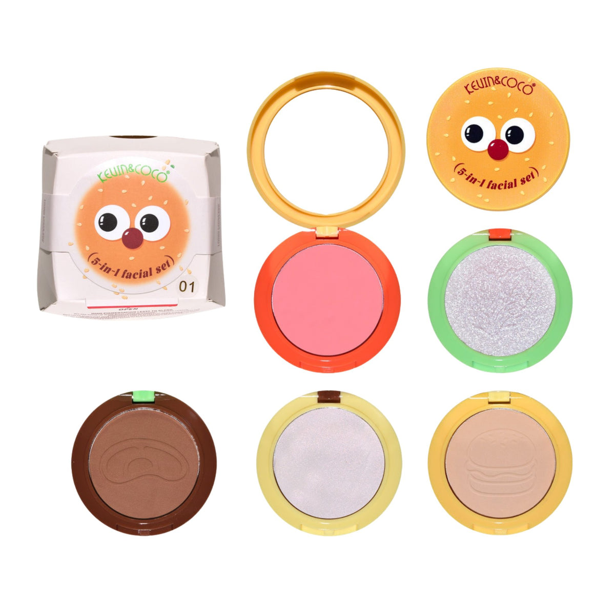 Paleta Multifunctionala, Kevin&Coco, Model Burger, Set Machiaj 5 in 1, Blush, Iluminator, Contur, Pudra, Design Compact, 122 g, 8.7 x 8.7 x 6 cm, Nuanta 01